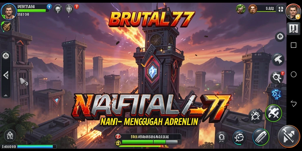 Screenshot gameplay BRUTAL77 menampilkan pertahanan menara yang mendebarkan.