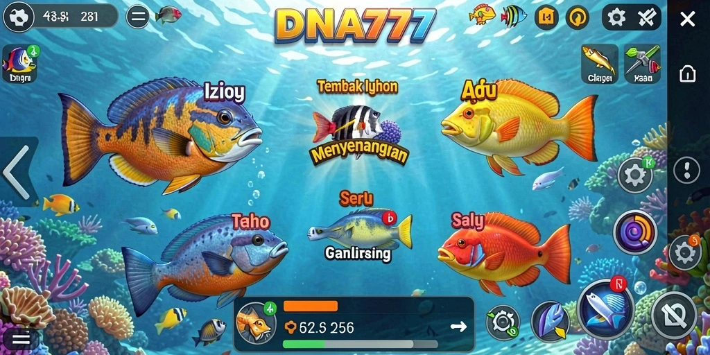 Tampilan gameplay seru dalam DNA777 saat menembak ikan.