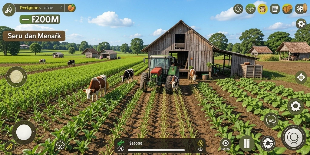 Tampilan gameplay F200M yang menampilkan aktivitas pertanian yang seru.