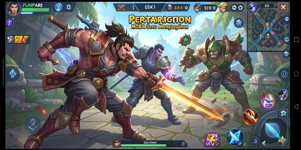 Tangkapan layar gameplay seru dari FUNPARI dengan pertarungan MOBA.