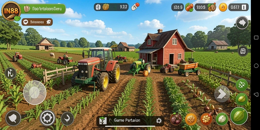 Screenshot gameplay IN88 dengan tampilan ladang yang luas dan tanaman hijau subur.