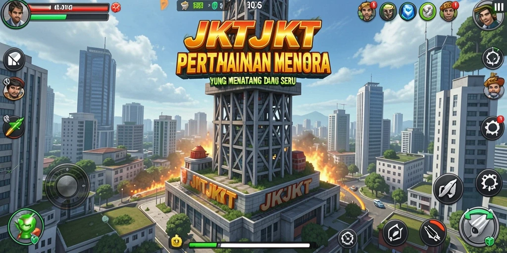 Tampilan gameplay JKTJKT menampilkan pertahanan menara melawan gelombang musuh.