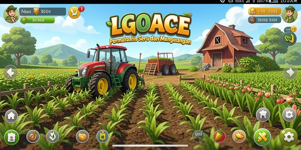 Tampilan gameplay LGOACE dengan kebun yang hijau dan hewan ternak yang lucu.