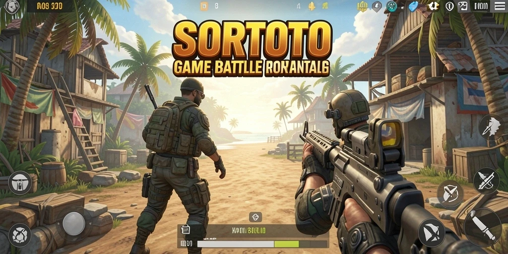 Tangkapan layar gameplay SORTOTO menampilkan pertempuran intens di arena Battle Royale.
