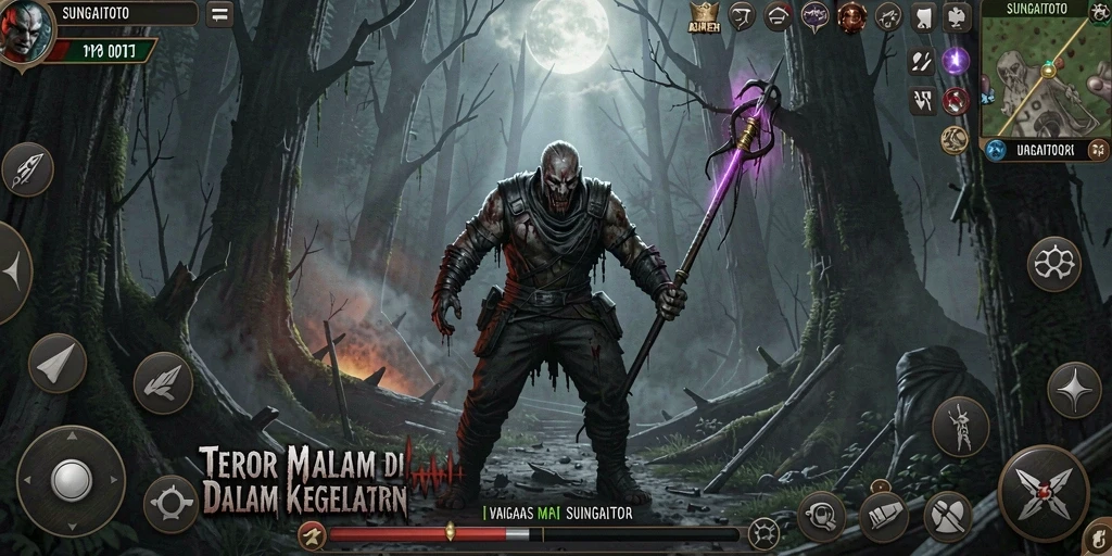 Screenshot gameplay SUNGAITOTO menampilkan suasana horror yang mencekam.