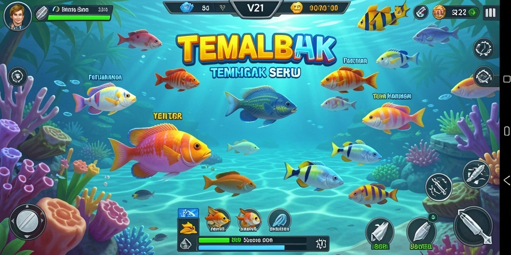 Screenshot gameplay V21 yang menampilkan keseruan berburu ikan.